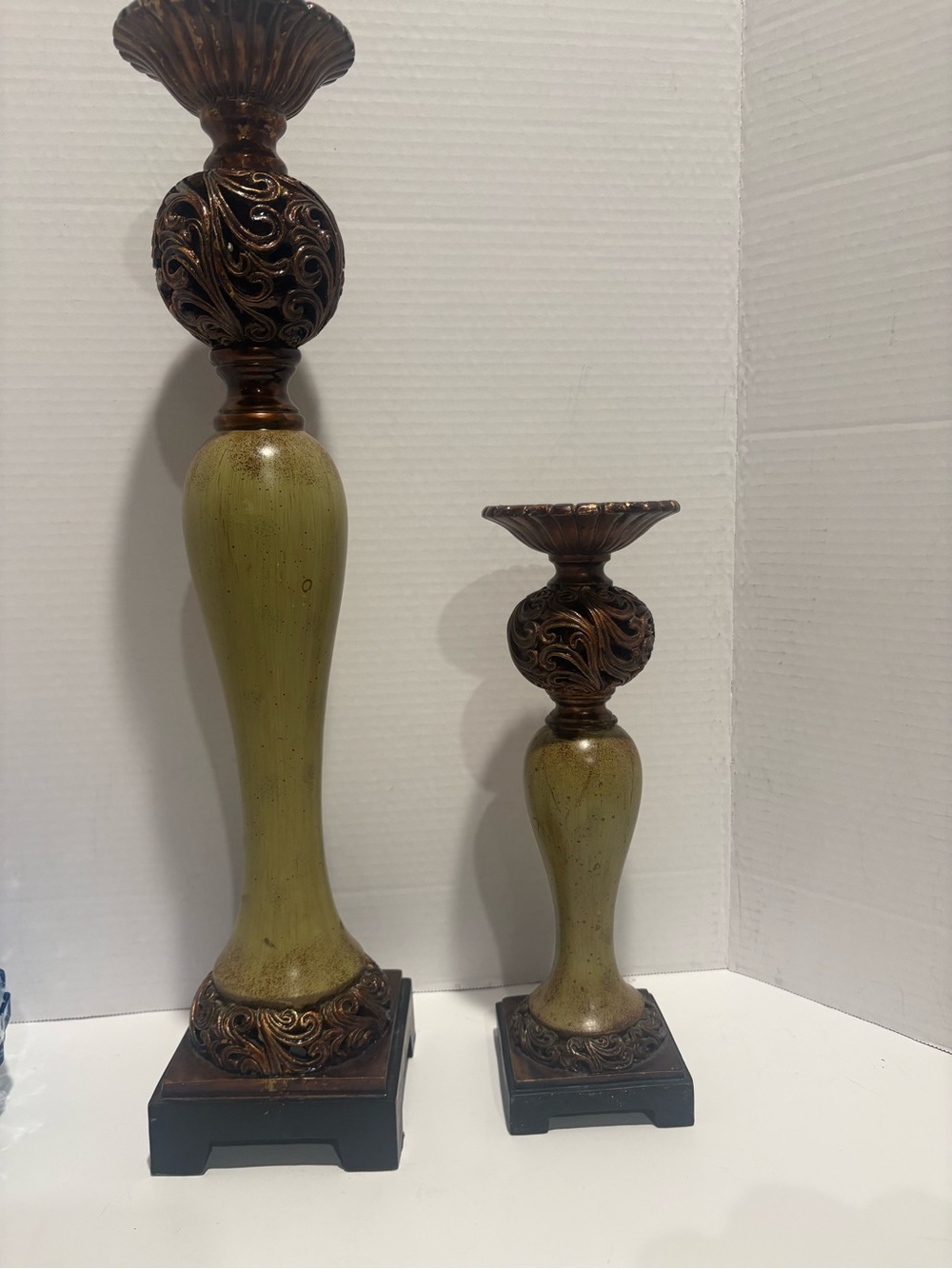 Decorative Green and Bronze Ornate Candle Holders - Picture 6 of 9